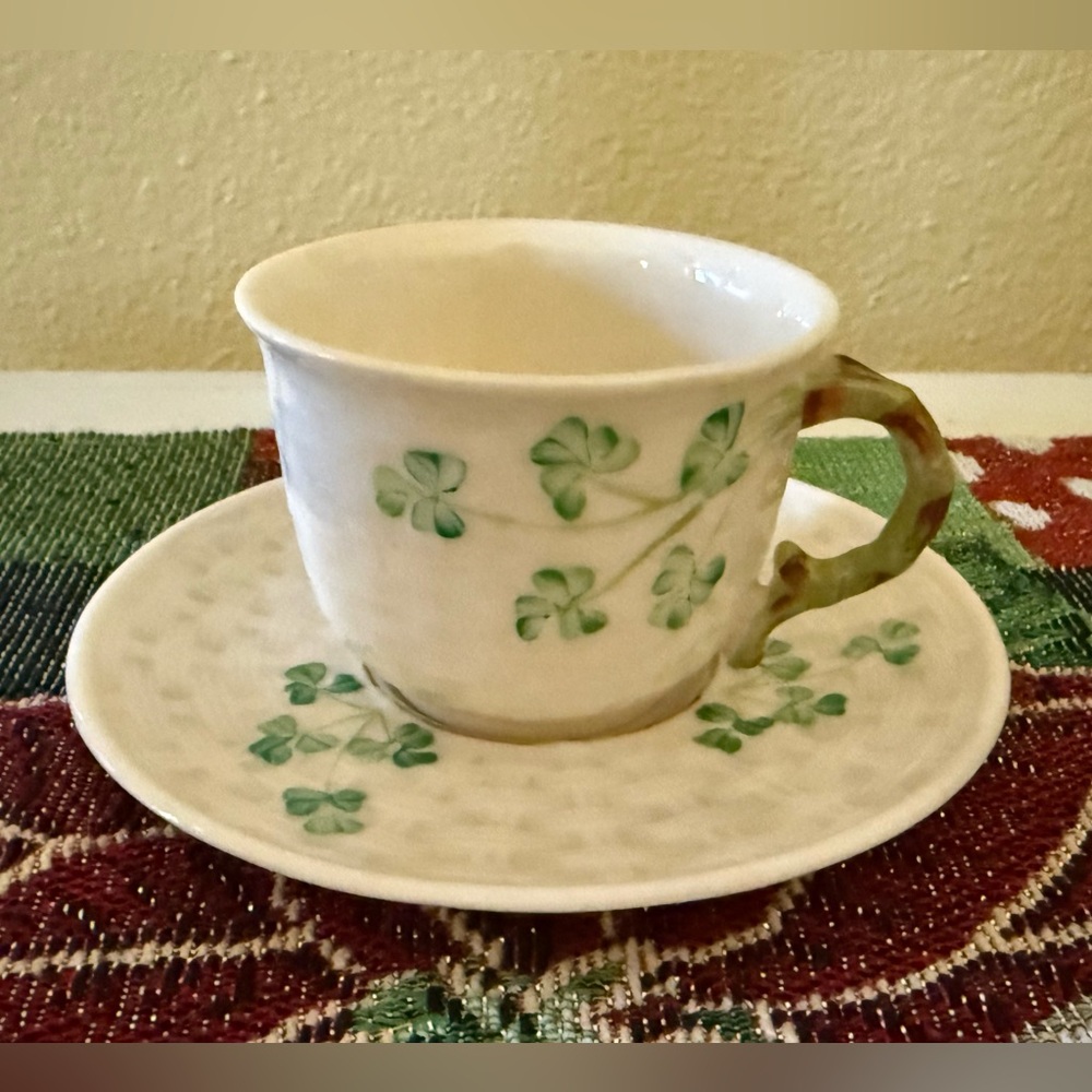 Belleek Shamrock Teacup & Saucer Set - Green and Cream